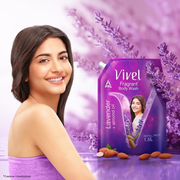 Vivel Fragrant Body Wash, Lavender & Almond Oil Shower Gel, 1500ml Supersaver XL Refill Pouch, Moisturizing Bodywash, Soft & Smooth Skin, Effective Cleansing, For Women & Men - Image 3