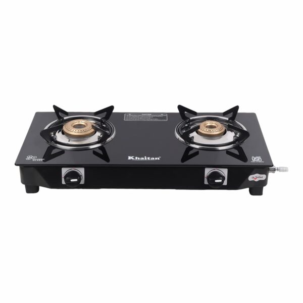 Khaitan 2 Burner Nano Black Toughened Glass | LPG Cooktop I Manual Ignition Stove| Ergonomic Knob | with 1 Year Warranty | Pan India Service | LP Gas Stove | ISI Approved (Black) (2 Burner) - Image 2