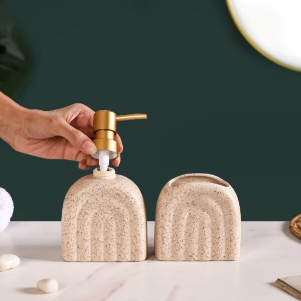 Nestasia Ceramic Textured Arched Bathroom Accessories Set of 2 - Elegant Soap Dispenser & Toothbrush Holder | Luxury Home Gift - Image 3