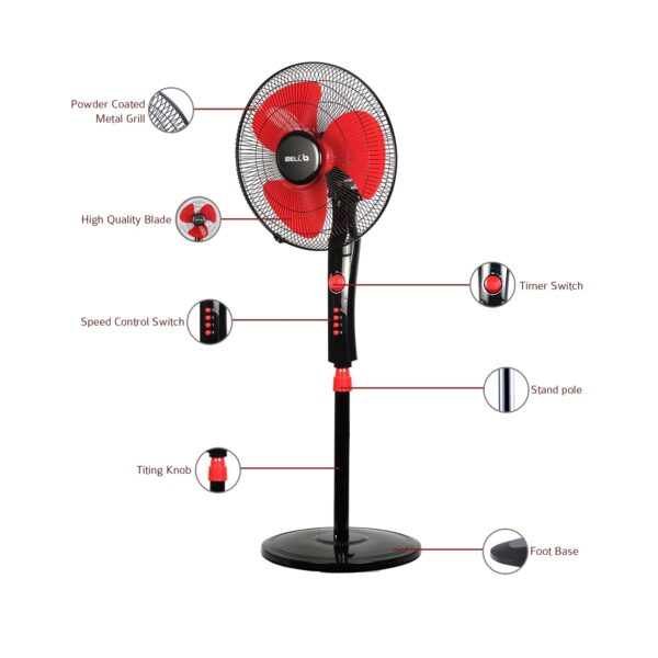 IBELL Zephyr03 Pedestal Fan 3 Leaf 400Mm With Timer And High Speed Motor (Red), 4 Stars - Image 4