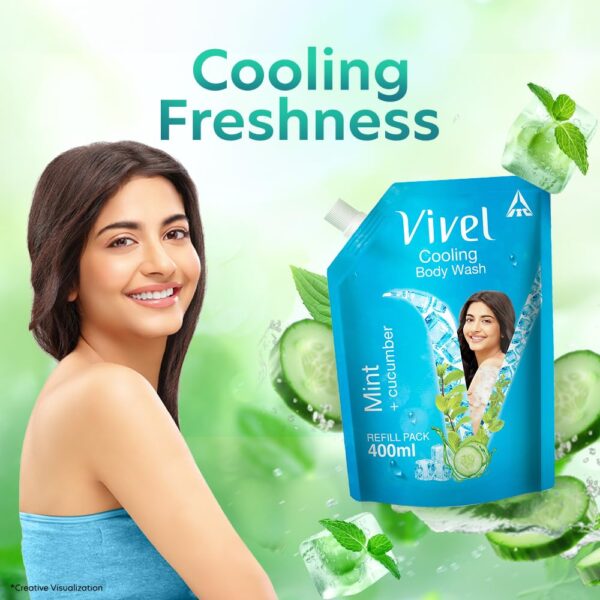 Vivel Cooling Body Wash, Mint & Cucumber Shower Gel, 400 ml Supersaver Refill Pouch, Moisturizing & Fragrant Bodywash, For Soft, Smooth & Fresh Skin, Refreshing Shower Gel, For Women & Men - Image 3