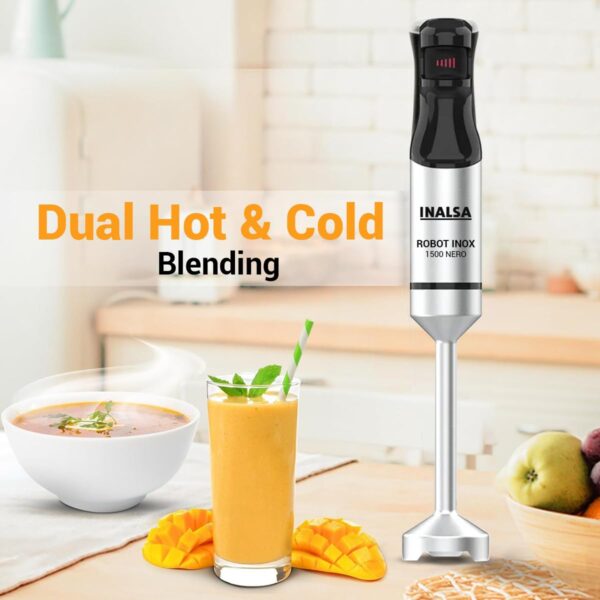 INALSA Hand Blender 1500Watts|Silent DC Copper Motor|Variable Speed with Stepless Technology|4 Attachments|Anti-Splash Technology| Detachable Stainless Steel Stem-Robot INOX 1500 Nero - Image 10