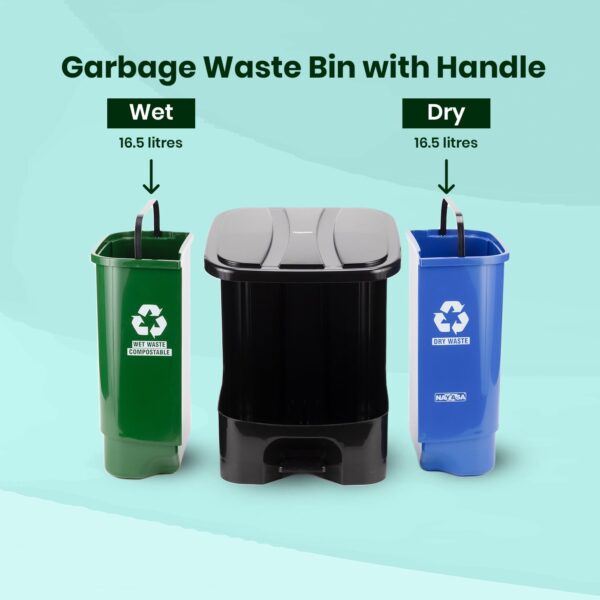 Nayasa Plastic 2 In 1 Dustbin Big | 33 Liter | Wet & Dry Pedal Dustbin | With Lid and Detachable Bin | Green & Blue - Image 4