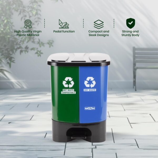 Nayasa Plastic 2 In 1 Dustbin Big | 33 Liter | Wet & Dry Pedal Dustbin | With Lid and Detachable Bin | Green & Blue - Image 7