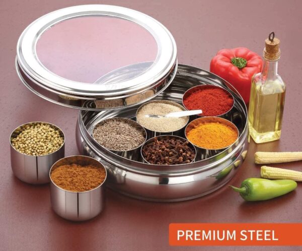 ATROCK Masala Dabba | Masala Box Stainless Steel For Kitchen | Masala Dani | Spice Storage Container (Glass Lid, 1200Ml), Silver - Image 4