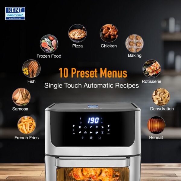 KENT Digital Air Fryer Oven 12L | 1800W | 360° Rapid Heat Circulation | 10 Preset Menu | Bake, Grill & Roast | Digital Display & Touch Control Panel | Dehydration & Rotisserie Function | Black - Image 6