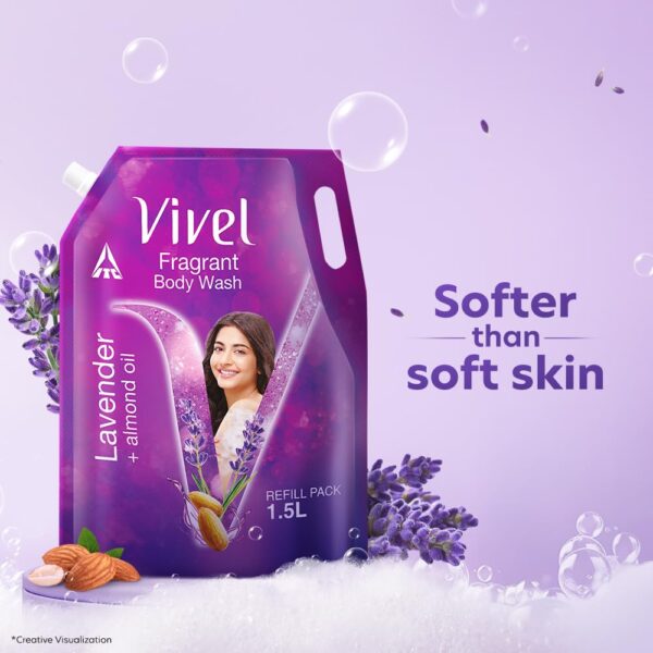 Vivel Fragrant Body Wash, Lavender & Almond Oil Shower Gel, 1500ml Supersaver XL Refill Pouch, Moisturizing Bodywash, Soft & Smooth Skin, Effective Cleansing, For Women & Men - Image 5