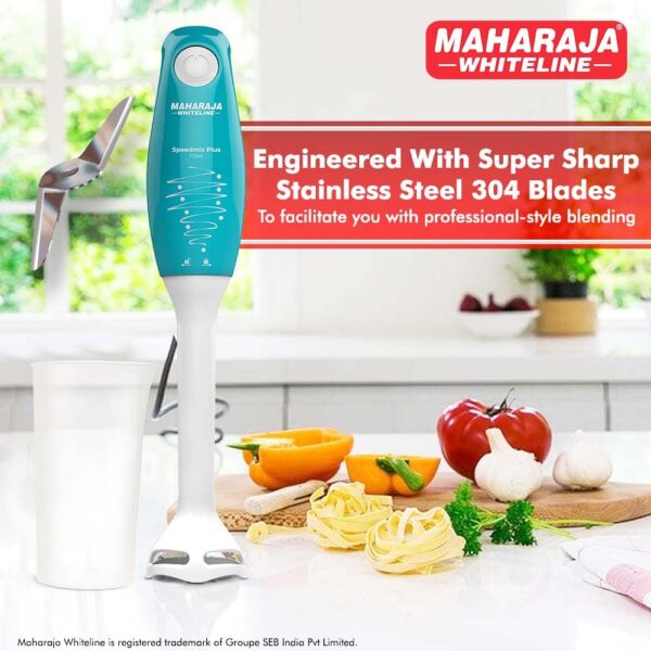 Maharaja Whiteline Speedmix Plus Neo Hand Blender with Stainless Steel Blades | Long Lasting Performance With 250W Motor | 800Ml Multi-Purpose Jar | Detachable Plastic Foot (Turquoise Blue & White) - Image 4