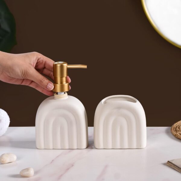 Nestasia Contemporary Arches Bathroom Set of 2 - Matte White Ceramic Soap Dispenser & Toothbrush Holder | Luxury Home Gift - Image 3