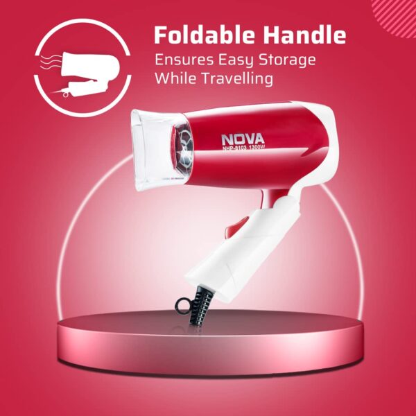 Nova NHP-8103 1300 Watts Hot and Cold Foldable Hair Dryer (White/Red) - Image 3