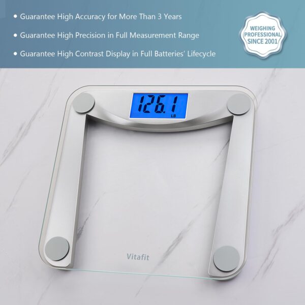 Vitafit Digital Body Weight Bathroom Scale Weighing Scale with Step-On Technology,Extra Large Blue Backlit Display, 400 Pounds,Clear Glass - Image 3