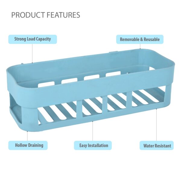 Zureni Plastic Bathroom Shelf with Self Adhesive Hooks Rack No Drill Wall Mounted Organizer Shower Caddy Suction Cup Basket for Shampoo Body Wash Loofahs- Blue - Image 4