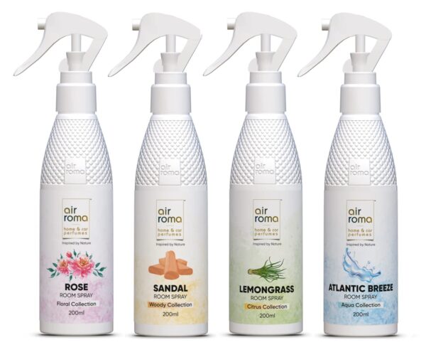 AIR-ROMA Air Freshener Spray Combo of 4 (200ml each) | Atlantic Breeze, Sandal, Lemon Grass, Rose | Long-lasting Odour Eliminator for for Living Room, Hotels, Work Space, Office, Toilet - Image 2