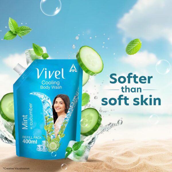 Vivel Cooling Body Wash, Mint & Cucumber Shower Gel, 400 ml Supersaver Refill Pouch, Moisturizing & Fragrant Bodywash, For Soft, Smooth & Fresh Skin, Refreshing Shower Gel, For Women & Men - Image 4