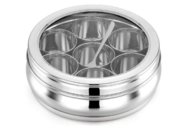 ATROCK Masala Dabba | Masala Box Stainless Steel For Kitchen | Masala Dani | Spice Storage Container (Glass Lid, 1200Ml), Silver - Image 2