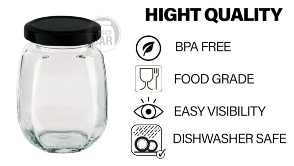 Croco Crown Shape Glass Jars With Airtight Snug Seal Container Set For Kitchen And Rustproof Metal Lid, Spice & Honey Glass Jars (250Ml) (6), Black - Image 4