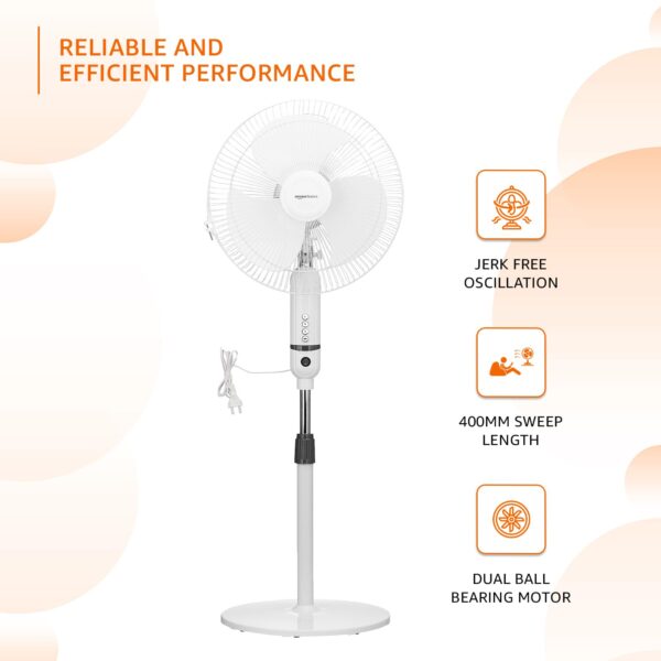 amazon basics High-Speed Oscillating Pedestal Fan I 3 Adjustable Fan Speeds | Rust Resistant Body, Adjustable Length | RPM 2200 | 400mm Sweep Length (White) - Image 5