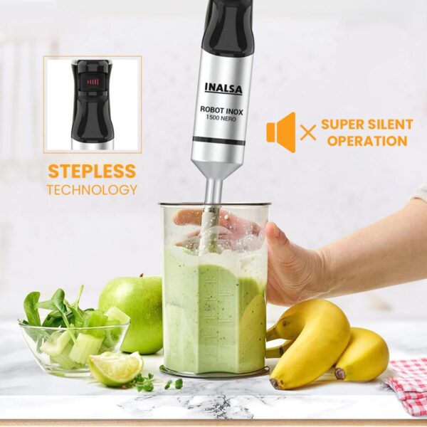 INALSA Hand Blender 1500Watts|Silent DC Copper Motor|Variable Speed with Stepless Technology|4 Attachments|Anti-Splash Technology| Detachable Stainless Steel Stem-Robot INOX 1500 Nero - Image 5