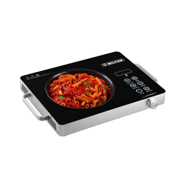 MILTON Classic 2200 Watt Infrared Cooktop with Crystal Glass & Touch Panel | 4 Pre set cooking Modes | Stir-fry | BBQ | Hot Pot | Steam | 60°C to 600°C | Digital time & Watt display - Classic SIlver - Image 2