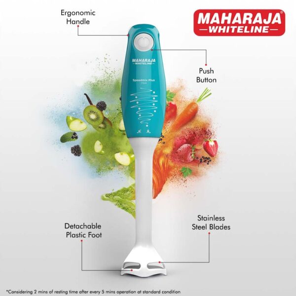 Maharaja Whiteline Speedmix Plus Hand Blender with Stainless Steel Blades | Long Lasting Performance with 175 Watts Motor | Detachable Plastic Foot | 2 Year warranty (Turquoise Blue & White) - Image 5