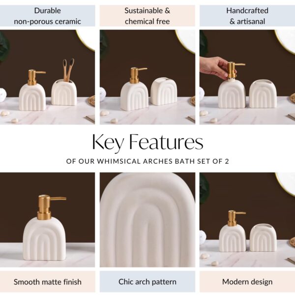 Nestasia Contemporary Arches Bathroom Set of 2 - Matte White Ceramic Soap Dispenser & Toothbrush Holder | Luxury Home Gift - Image 5