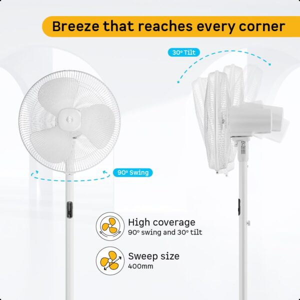 atomberg Renesa 400mm Pedestal Fan for Home | Silent BLDC Stand Fan | LED Display | 6 Speeds | Remote with Oscillation, Timer, Sleep | 2 Year Warranty (Snow White) - Image 7