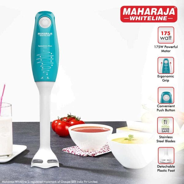 Maharaja Whiteline Speedmix Plus Hand Blender with Stainless Steel Blades | Long Lasting Performance with 175 Watts Motor | Detachable Plastic Foot | 2 Year warranty (Turquoise Blue & White) - Image 3