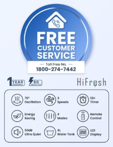 HIFRESH Air Cooler for Home, 107CM Tower Cooler w/Remote & LED Touch Screen, 4 Mode & 3 Speed, 12H Timer, 26 Feet Air Delivery, 4L Water Tank, 4 Ice Packs, 70° Swing Control, 80W Low Power Consumption - Image 3