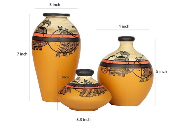 Artysta ‘Madhubani Jungle’ Yellow Handpainted Terracotta Flower Vase, Terracotta Decorative for Home Decor Earthen Flower Vases Pots for Home & Office (Set of 3) - Image 4