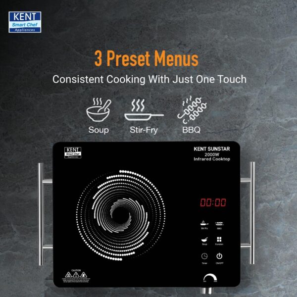 KENT Sunstar Infrared Cooktop 2000W | 3 Preset Menus | Grill Stand to BBQ & Roast | Microcrystalline Glass | Digital Functions with LED Display | Adjustable Temperature Knob | SS Handle |Auto Cut-Off - Image 4