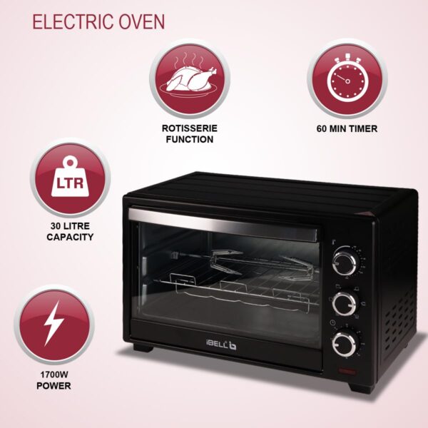 iBELL EO30LG Electric Oven Toaster Grill, 30L, 1700 Watts, OTG with Rotisserie and Timer function (Black) - Image 4