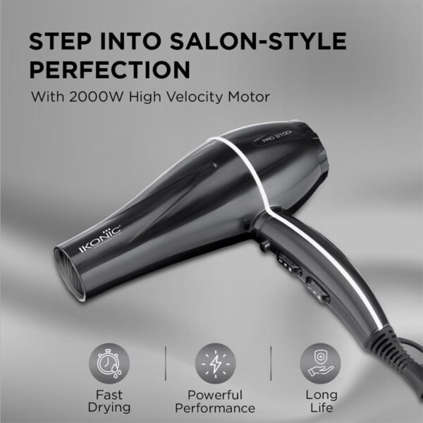 Ikonic Pro 2100+ Hair Dryer 2000W, Black, 3 heat and 2 speed settings, Cool Shot, Low Noise Function Interchangeable Nozzles, Professional Styling, For Women and Men, All Hair Type - Image 4