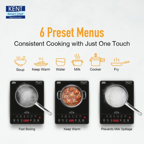 KENT Star Induction Cooktop 3000W | 6 Preset Menu | Full Microcrystalline Glass |Feather Touch Buttons & LED Display |Milk Boiling & Turbo Cooking Function | Overheat Protection & Auto Turn-Off| Black - Image 4