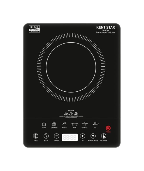 KENT Star Induction Cooktop 3000W | 6 Preset Menu | Full Microcrystalline Glass |Feather Touch Buttons & LED Display |Milk Boiling & Turbo Cooking Function | Overheat Protection & Auto Turn-Off| Black - Image 2