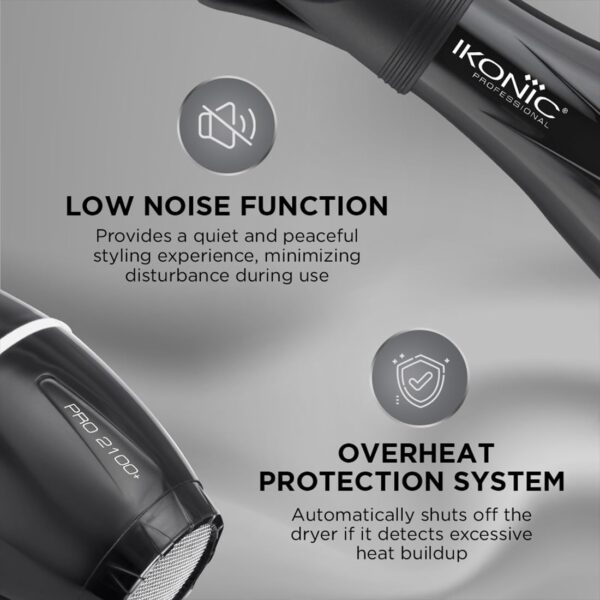 Ikonic Pro 2100+ Hair Dryer 2000W, Black, 3 heat and 2 speed settings, Cool Shot, Low Noise Function Interchangeable Nozzles, Professional Styling, For Women and Men, All Hair Type - Image 7