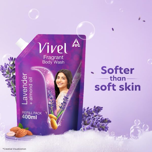 Vivel Fragrant Body Wash, Lavender & Almond Oil Shower Gel, 400 ml Supersaver Refill Pouch, Moisturizing Bodywash, Soft & Smooth Skin, Effective Cleansing, For Women & Men - Image 5