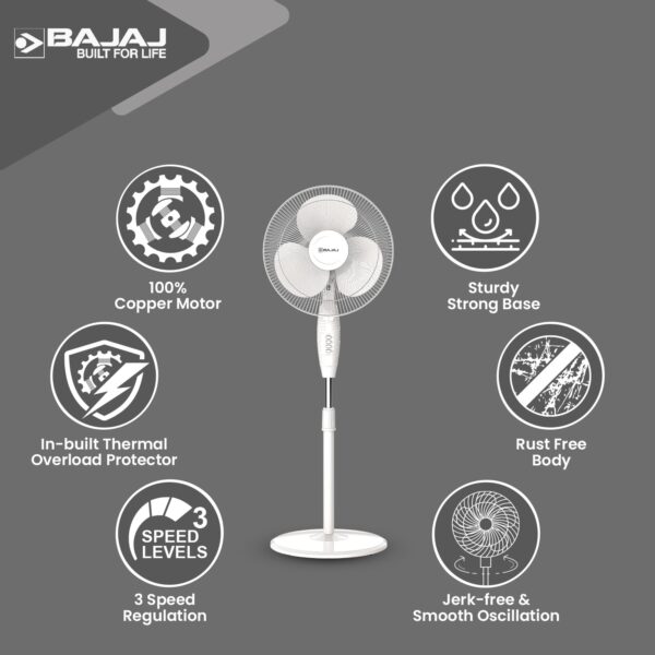 Bajaj Frore Neo 400 MM Oscillating Pedestal Fan for Home | Aerodynamically Balanced Blades | 100% CopperMotor | HighAir Delivery | 3-Speed Control | Rust Free | 2-Yr Warranty 【White】 - Image 5