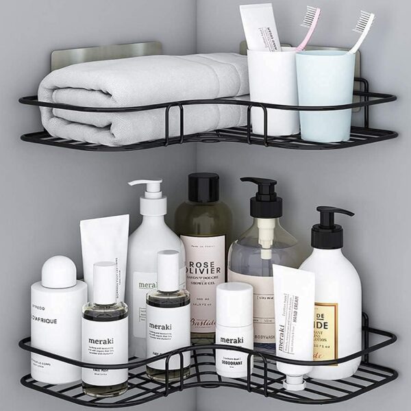 Oslen Multipurpose Bathroom/Kitchen Corner Storage Organizer Wall Mounted Rack Shelf Shower Caddy (No Drilling - Shelf Adhesive) Bathroom Accessories Storage Rack (Black, Pack of 1) - Image 3