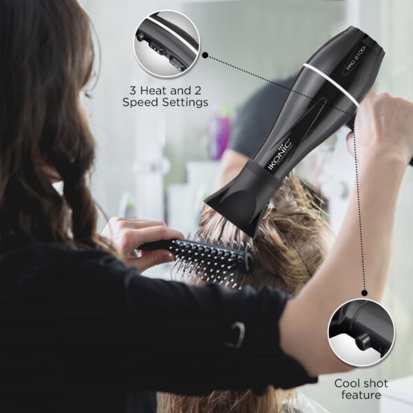 Ikonic Pro 2100+ Hair Dryer 2000W, Black, 3 heat and 2 speed settings, Cool Shot, Low Noise Function Interchangeable Nozzles, Professional Styling, For Women and Men, All Hair Type - Image 8