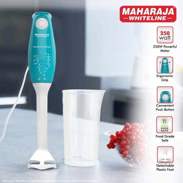 Maharaja Whiteline Speedmix Plus Neo Hand Blender with Stainless Steel Blades | Long Lasting Performance With 250W Motor | 800Ml Multi-Purpose Jar | Detachable Plastic Foot (Turquoise Blue & White) - Image 3