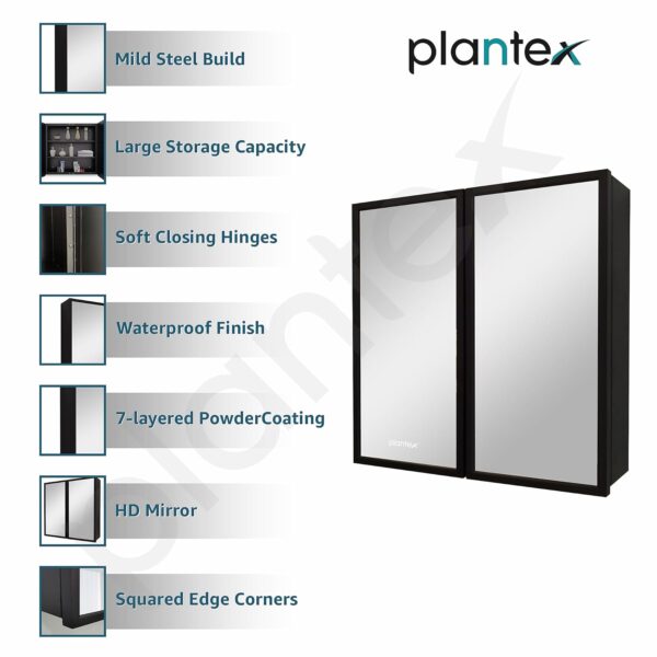 Plantex Aluminium Framed Bathroom Mirror with Storage/Double Door Heavy-Duty Steel Body Bathroom Shelf for Wall with Mirror - 18x18 Inch, Black - Image 6