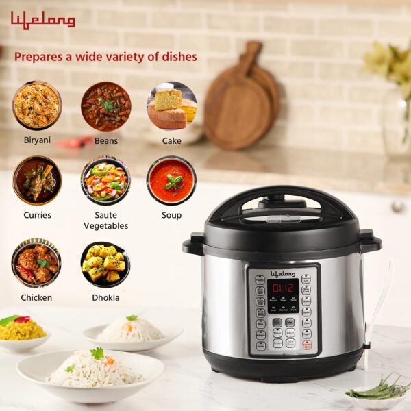 Lifelong Aluminium 5L Electric Steam Pressure Cooker - Slow Cook Method Preserving Nutrients - For All Steam Cooked Food Rice, Added Functions Yogurt, Sautã© & Warm & 9 Presets, 5 Liters, Black - Image 7