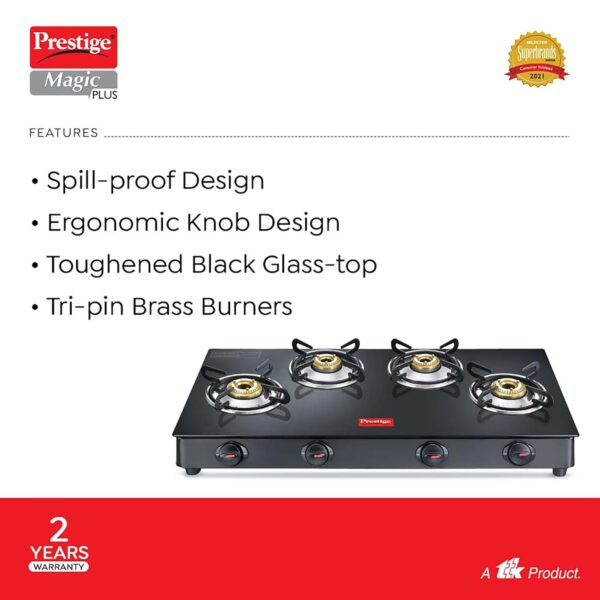 Prestige Magic plus Toughened Glass-Top(Long)4 Brass Burner LPG Gas Stove (GTMP-04L)| Black Spill Proof Design | Ergonomic Knob | Tri-Pin Burner - Image 4