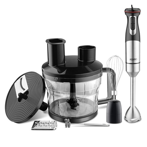 AGARO Grand Plus 6 in 1 Hand Blender 1000W, 100% Copper Motor, 2 Variable Speed Modes & Speed Regulator, Stainless Steel Blades, Chopper,Whisker,Multipurpose Jar, frother, slicer, shredder, Black - Image 2