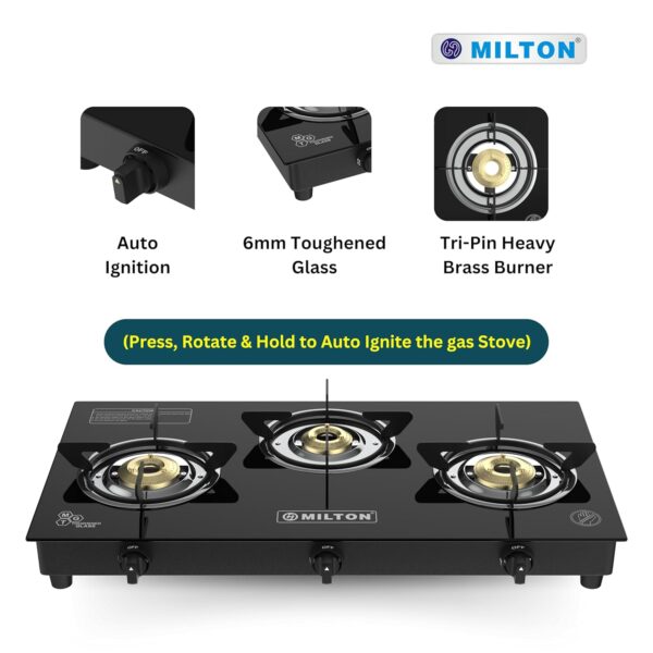 Milton Premium Pro 3 Burners Auto Ignition Gas Stove | ISI Certified | 6mm Toughened Glass Top | 360 Degree Nozzle | Heavy Duty Pan Support | Pure Brass Burners | 1 Year Manufacturer's Warranty -Black - Image 4