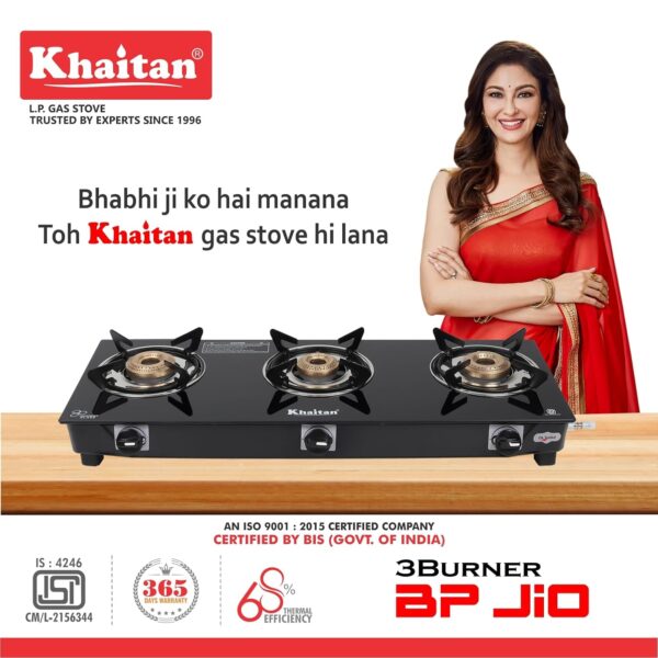 Khaitan 3 Burner BP Jio Black Toughened Glass | LPG Cooktop I Manual Ignition Stove| Ergonomic Knob|with 1 Year Warranty | Pan India Service| LP Gas Stove | ISI Approved (Black) (3 Burner) - Image 3