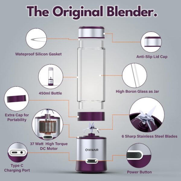 OWNAIR Portable Blender For Smoothie & Juices, Portable Juicer mixer grinder, baby food blender, Type C, 5000 mah battery, Smoothie maker blender, 450ml, Stainless Steel, 240 Watts, Grey - Image 5