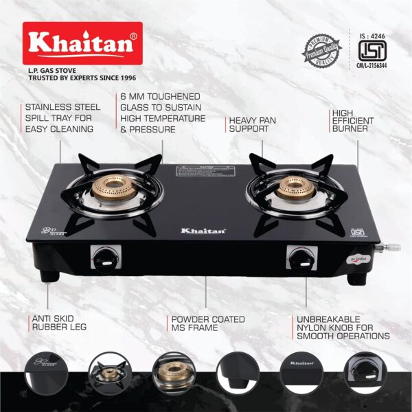 Khaitan 2 Burner Nano Black Toughened Glass | LPG Cooktop I Manual Ignition Stove| Ergonomic Knob | with 1 Year Warranty | Pan India Service | LP Gas Stove | ISI Approved (Black) (2 Burner) - Image 6