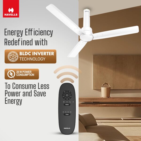 Havells 1200mm Elio BLDC Ceiling Fan | Remote Controlled, High Air Delivery Fan | 5 Star Rated, Upto 60% Energy Saving, 2+1* Year Warranty | (Pack of 1, Elegant White) - Image 7