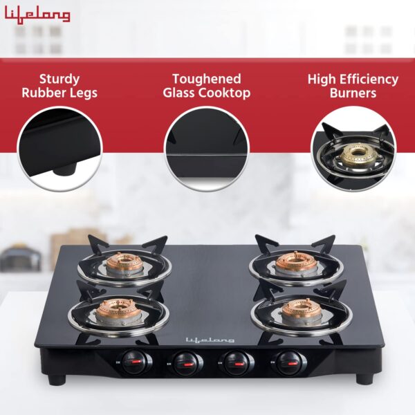 Lifelong Glass Top Gas Stove, 4 Burner Gas Stove, Black (ISI Certified,1 year warranty with Doorstep Service) - Image 5